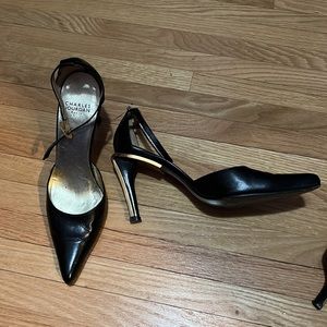 EUC Charles Jourdan Paris Black  Ankle Strap Heels With Gold Heel Detail